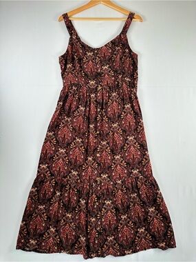Maurices Boho Tiered Midi Dress Floral Brown Button Front L Paisley Ruched Back